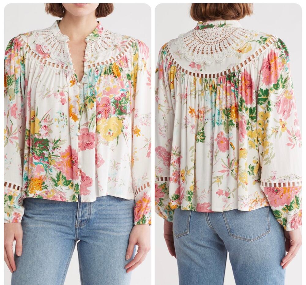 CIEBON Patrice Long Sleeve Button-Up Blouse Top Sz M Floral Feminine Twee